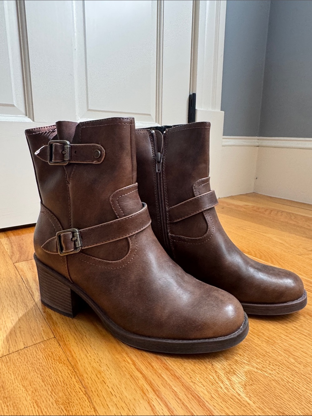 Blowfish Malibu Brown Leather-like Ankle Heeled Buckle Boots
